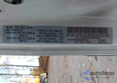 2021 Ram Promaster City Tradesman из США, поврежденный, VIN ZFBHRFAB5M6T57756